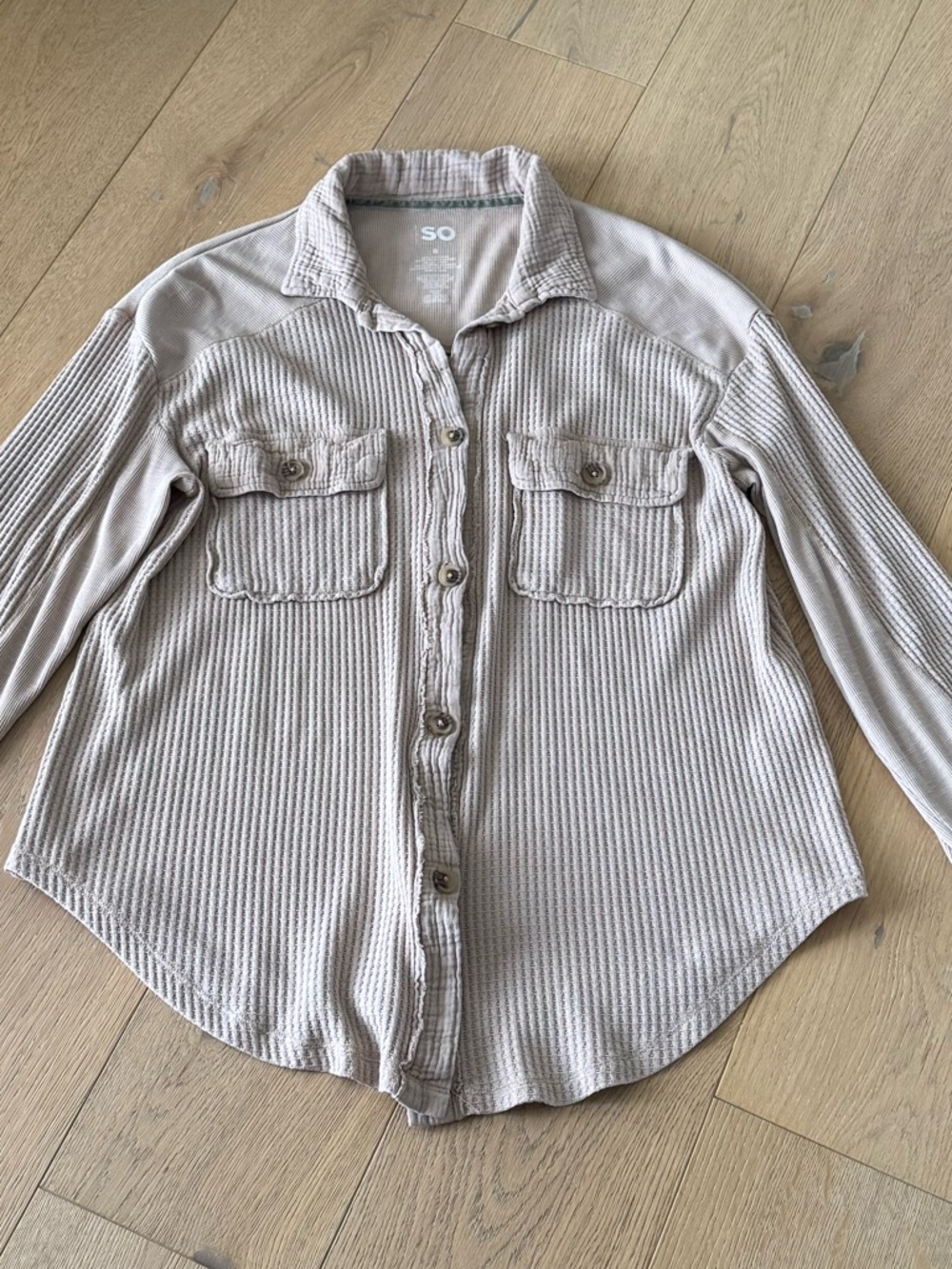 So Waffle Knit Oversized Button Down Top Tan Small